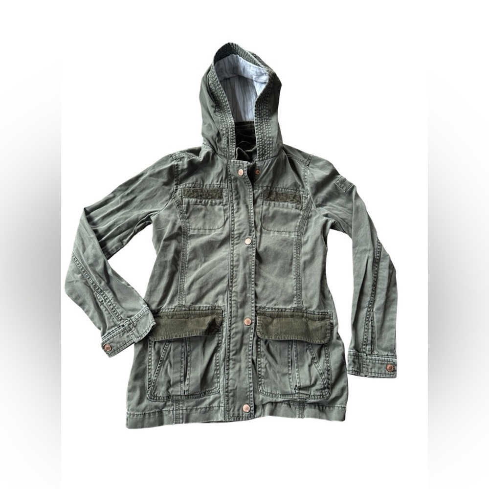 Y2K Abercrombie Kids Girls Utility Jacket Size 11/12 Green Hooded Military Style